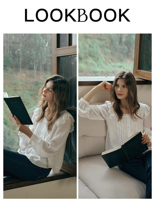 OLrain欧芮儿方领蕾丝雪纺衫女初秋2023年新款宽松褶皱荷叶边小衫 商品图3