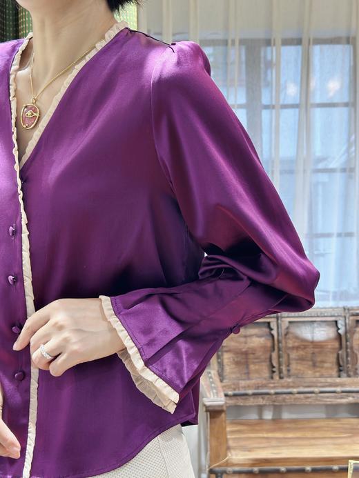 TYNVIE 雪纺木耳边装饰花瓣袖长袖上衣-紫色 商品图3