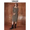 VIMAGE纬漫纪冬季新款格纹收腰修身显瘦裙摆开叉连衣裙V2007622 商品缩略图2
