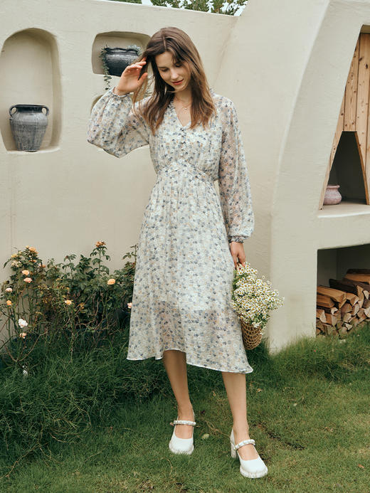 OLrain欧芮儿长袖碎花雪纺连衣裙女初秋2023新款收腰文艺风茶歇裙 商品图0