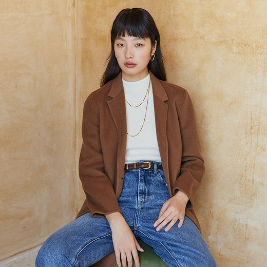 IN AND ON 轻奢原创设计100绵羊毛小翻领长款双面毛呢大衣外套女 商品图1