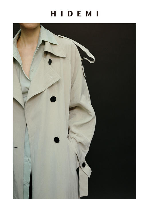HIDEMI 【赵露思同款】翻领极简设计感双排扣长款风衣 杏仁色/夜空蓝 商品图12