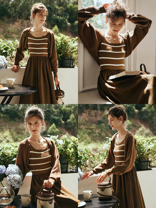 OLrain欧芮儿咖色时尚套装初秋2023新款收腰针织连衣裙开衫两件套 商品图1