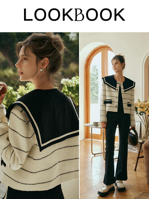 OLrain欧芮儿小香风短外套初秋2023新款减龄海军领条纹粗花呢上衣 商品图3