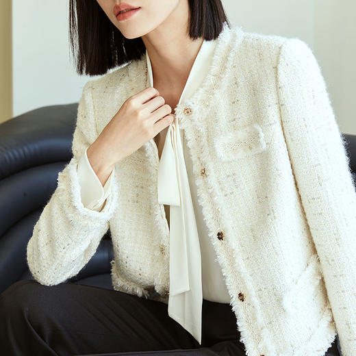 玳莎拉毛设计感小香风外套女2023年秋季新款优雅圆领收腰显瘦上衣  DC37304 商品图2