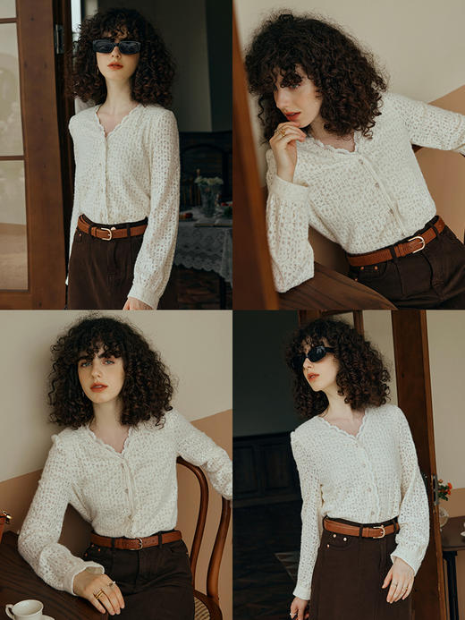 OLrain欧芮儿杏色蕾丝雪纺衫女初秋2023新款法式复古长袖V领开衫 商品图1