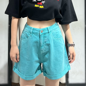 423MZ卷边高腰牛仔短裤30612（蓝A） 夏季 361872000028
