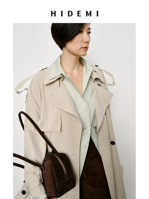 HIDEMI 【赵露思同款】翻领极简设计感双排扣长款风衣 杏仁色/夜空蓝 商品图5