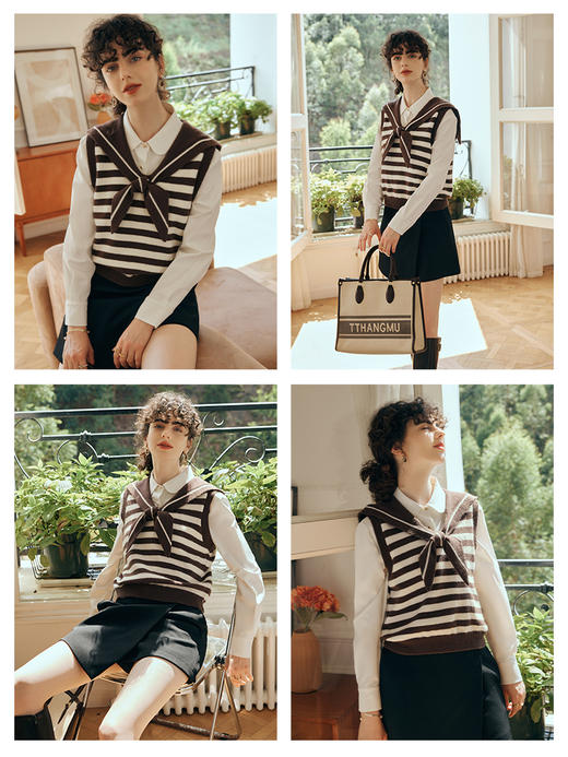 OLrain欧芮儿条纹针织背心女初秋2023新款复古美式海军领内搭马甲 商品图1