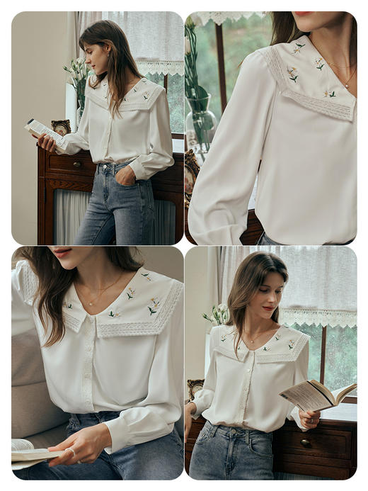 OLrain欧芮儿米白色蕾丝雪纺衫女初秋2023新款宽松刺绣海军领小衫 商品图1