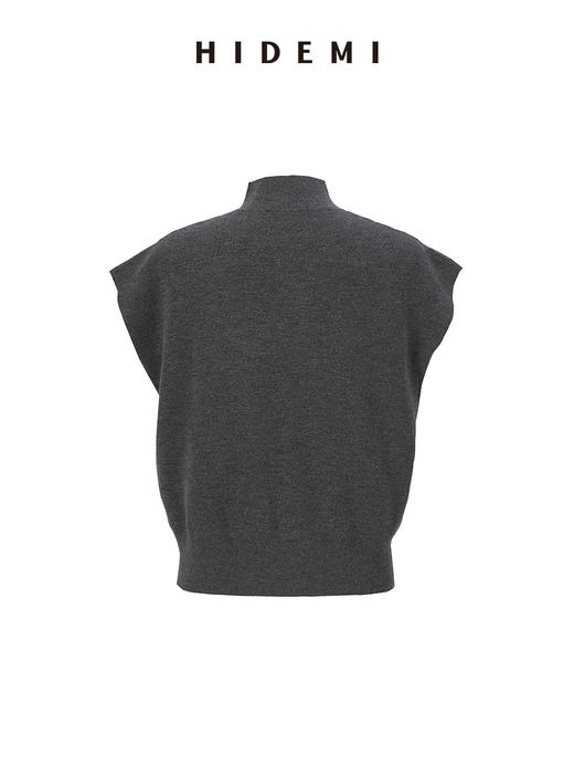 HIDEMI 极简小圆领立领廓形真丝羊毛针织马甲背心 黑色/灰色 商品图4