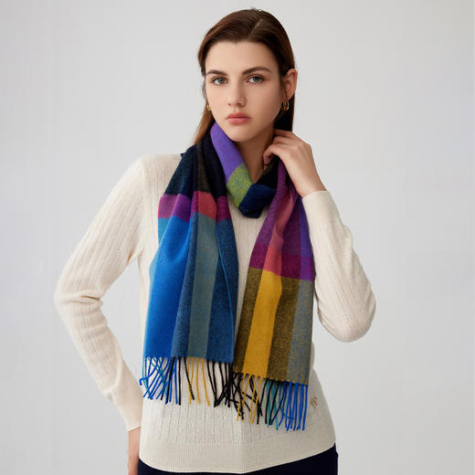 【纯羊绒围巾】羊绒世家23年秋冬女士新品100%山羊绒彩色条纹保暖围巾 商品图1