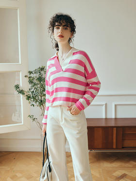 OLrain欧芮儿条纹POLO领针织衫女初秋2023年新款宽松落肩袖套头衫