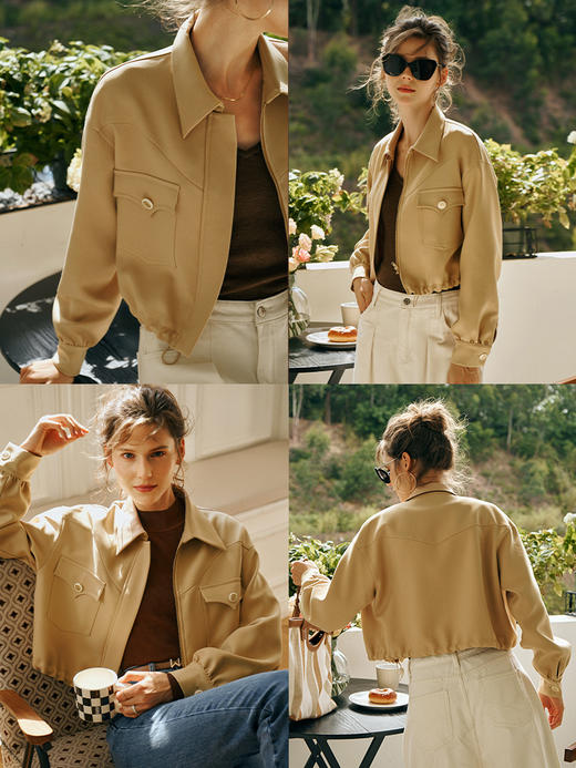 OLrain欧芮儿卡其色短外套女初秋2023新款宽松美式复古工装风上衣 商品图1