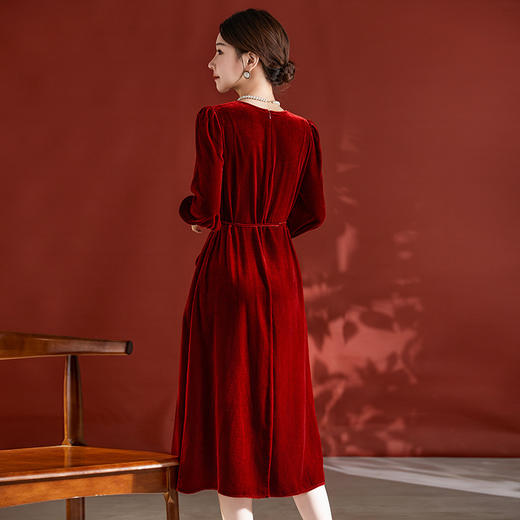 DD-真丝丝绒长袖连衣裙法式打条设计感红色新娘结婚女士妈妈收腰裙子 商品图2