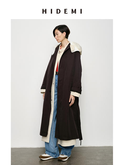 HIDEMI 极简大廓形可拆卸连帽式工装感抽绳长款风衣 红咖色/海鸥米 商品图6