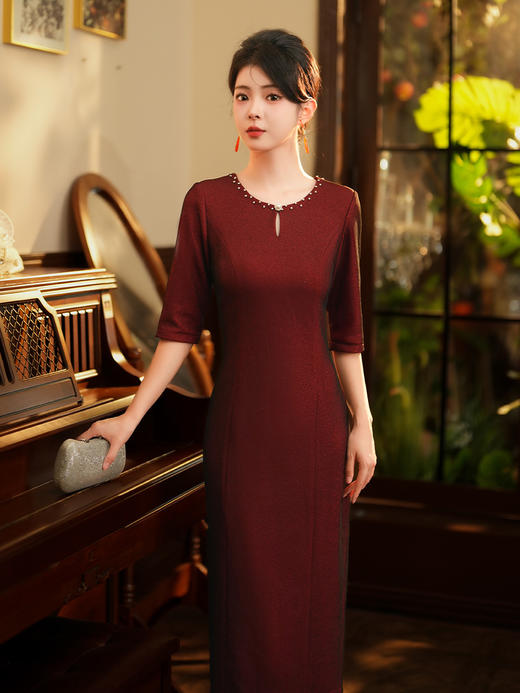 妈妈装秋冬款旗袍裙，小长款宴会装优雅气质旗袍裙单层复古旗袍JLM-3178 商品图1