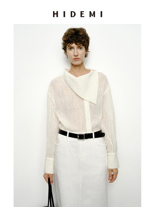 HIDEMI 艺术感强缩褶皱肌理羊毛系列不对称翻领衬衫上衣 商品图1