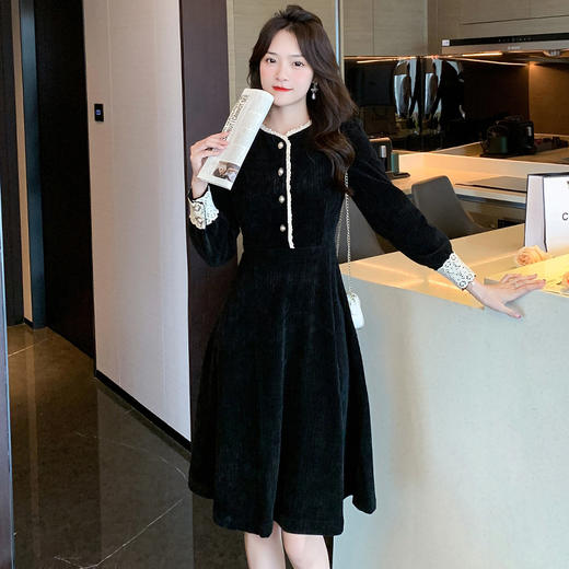 秋季新款气质女装圆领长袖显瘦中长裙拼接法式灯芯绒连衣裙HT-5021 商品图1