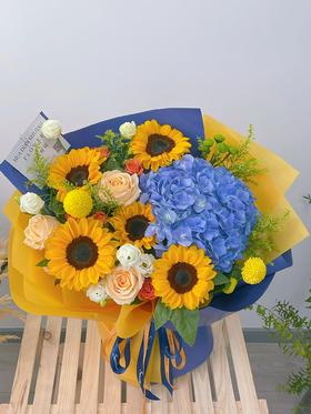 耀眼（向日葵+蓝绣球混搭）