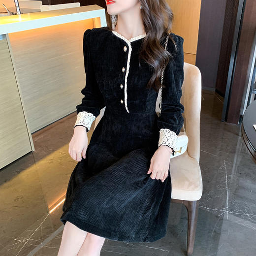 秋季新款气质女装圆领长袖显瘦中长裙拼接法式灯芯绒连衣裙HT-5021 商品图3