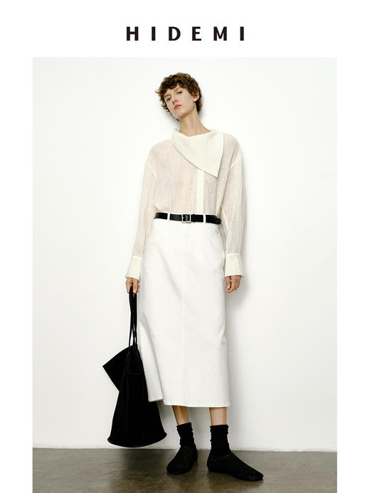 HIDEMI 艺术感强缩褶皱肌理羊毛系列不对称翻领衬衫上衣 商品图0