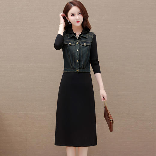 修身时尚，秋款长款长袖连帽内搭连衣裙短款牛仔时髦马甲两件套QYM-OMS-FDB316-L 商品图1