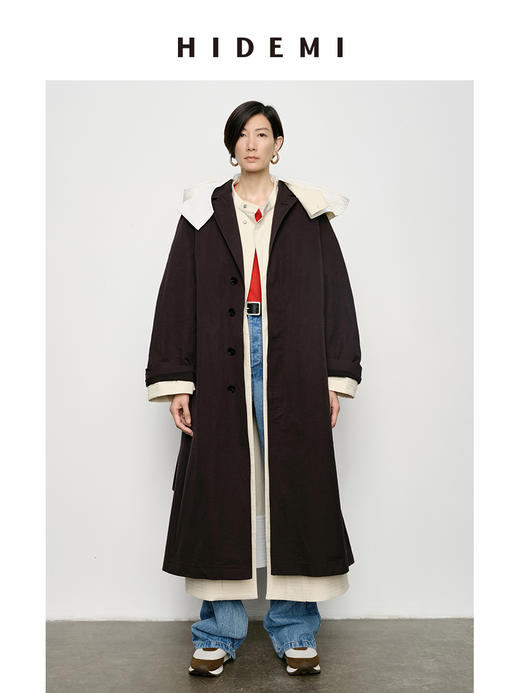 HIDEMI 极简大廓形可拆卸连帽式工装感抽绳长款风衣 红咖色/海鸥米 商品图5