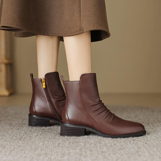 时尚褶皱及裸靴，真皮侧拉链短靴OFSM-OF6802R 商品图2