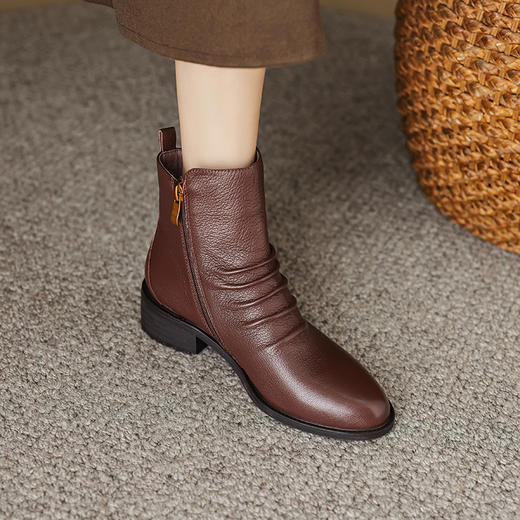时尚褶皱及裸靴，真皮侧拉链短靴OFSM-OF6802R 商品图3
