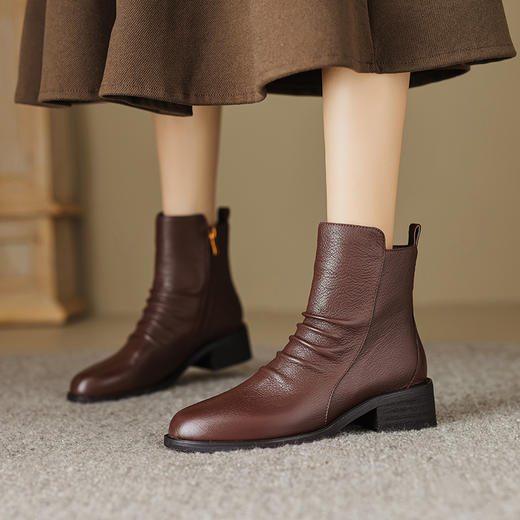 时尚褶皱及裸靴，真皮侧拉链短靴OFSM-OF6802R 商品图0