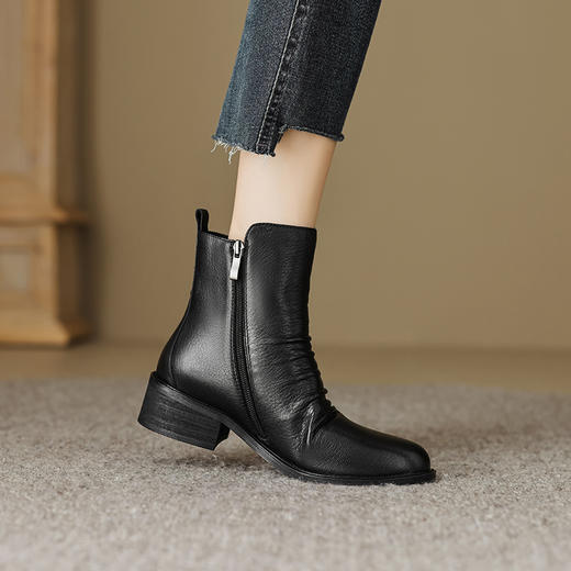 时尚褶皱及裸靴，真皮侧拉链短靴OFSM-OF6802R 商品图7