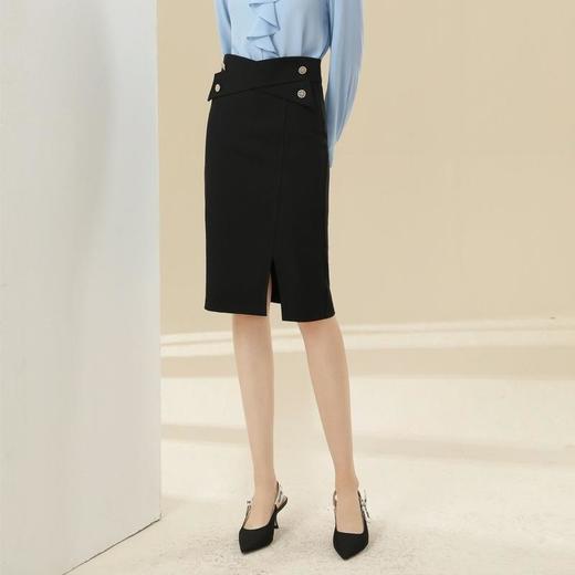 百姿 韩版黑色高腰半身裙秋季新款纯色包臀裙 商品图1