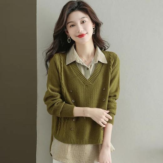 假两件上衣女士春秋常规款针织衫秋装2023新款宽松洋气衬衫领毛衣DD 商品图1