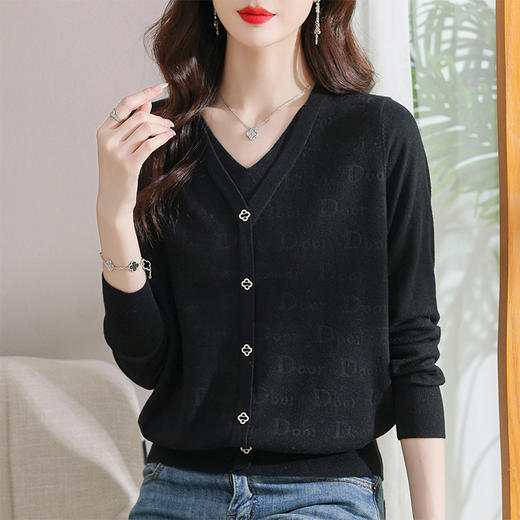 秋装新款，薄款V领假两件宽松年轻妈妈装长袖套头针织女装CC-9222 商品图2