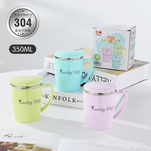「数色可选！304不锈钢儿童水杯」双层隔热防烫防摔带手柄带盖学生350ml大口杯餐饮用具 商品图2