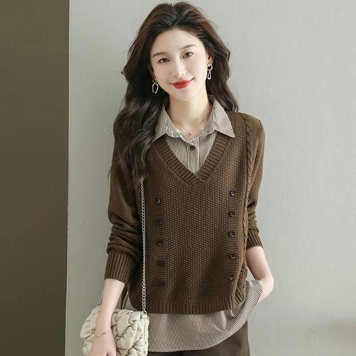 假两件上衣女士春秋常规款针织衫秋装2023新款宽松洋气衬衫领毛衣DD 商品图3