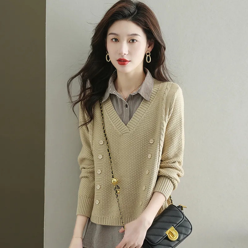 假两件上衣女士春秋常规款针织衫秋装2023新款宽松洋气衬衫领毛衣DD