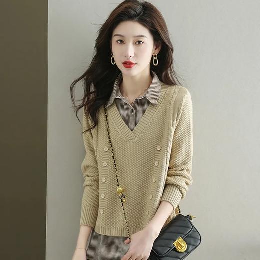 假两件上衣女士春秋常规款针织衫秋装2023新款宽松洋气衬衫领毛衣DD 商品图0