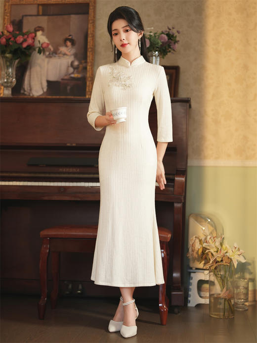 文艺复古，秋冬针织旗袍裙新中式羊毛棉面料双层新款旗袍JLM-3182 商品图2