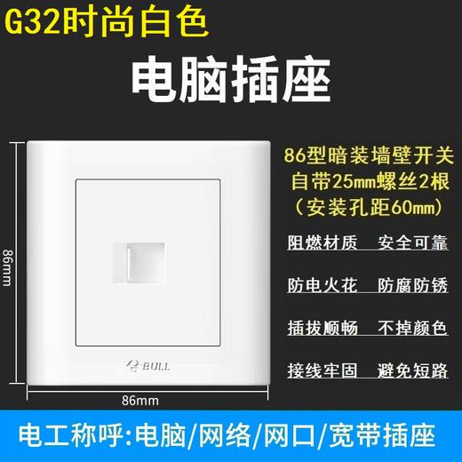【DZ】公牛BULL G32系列86型暗装墙壁开关电脑插座(白色) 商品图0