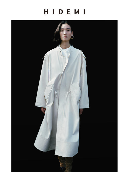 HIDEMI 极简大廓形可拆卸连帽式工装感抽绳长款风衣 红咖色/海鸥米 商品图0