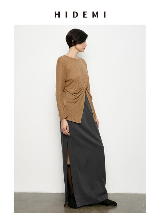 HIDEMI 极简抽绳设计感口袋H型开衩斜纹缎面半身裙 商品图8