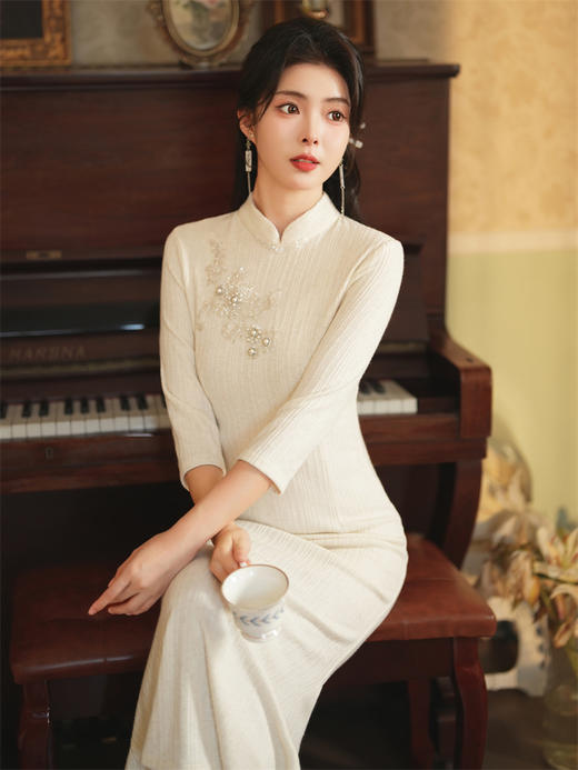 文艺复古，秋冬针织旗袍裙新中式羊毛棉面料双层新款旗袍JLM-3182 商品图0