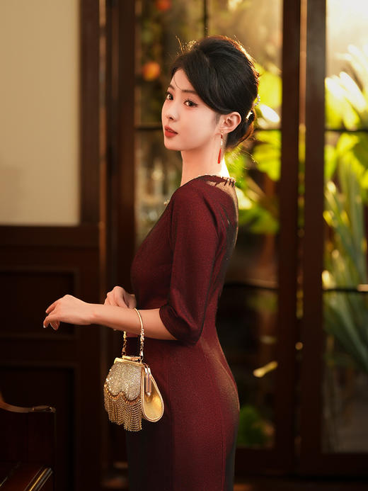 妈妈装秋冬款旗袍裙，小长款宴会装优雅气质旗袍裙单层复古旗袍JLM-3178 商品图4