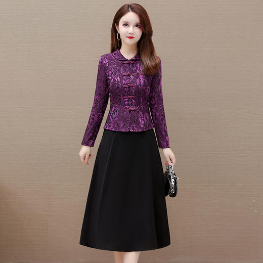 秋季新款，拼结假两件复古改良中长款A字裙妈妈装印花连衣裙QYM-KED-1306 -Y 商品图5