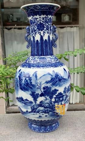 柴窑新品秀丽江山图双耳瓶