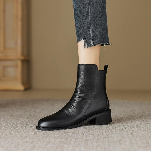 时尚褶皱及裸靴，真皮侧拉链短靴OFSM-OF6802R 商品图6