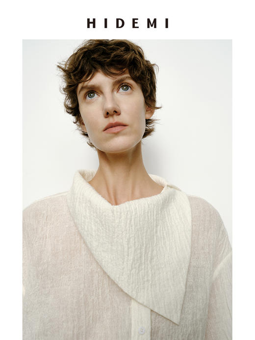 HIDEMI 艺术感强缩褶皱肌理羊毛系列不对称翻领衬衫上衣 商品图4