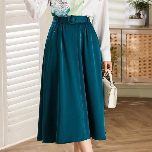 百姿 垂顺丝光半身裙2023早秋新款韩版百搭百褶A字裙中长款231039 商品图1